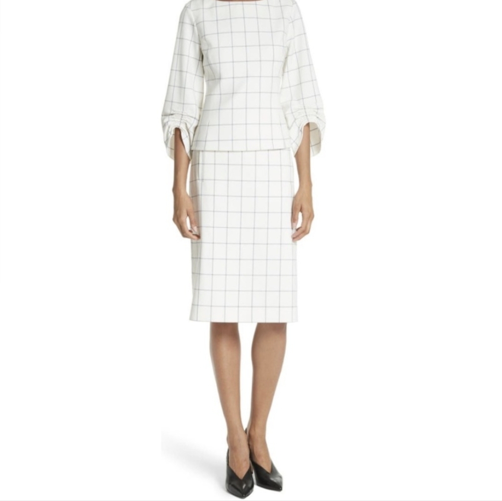 4/$40 Tibi | Windowpane Plaid Ruched Cuff Top Size 0 White Blue Back Zip